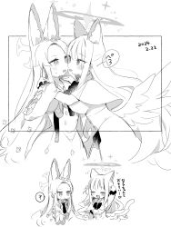Rule 34 | 2girls, ?, angel wings, animal ears, blue archive, blush, capelet, cat ears, cat tail, closed eyes, dated, dress, extra ears, feathered wings, fox ears, greyscale, halo, highres, long hair, mika (blue archive), monochrome, multiple girls, open mouth, seia (blue archive), sleeves past fingers, sleeves past wrists, smile, spoken question mark, tail, tongue, tongue out, wings, yun (dust-i1), yuri