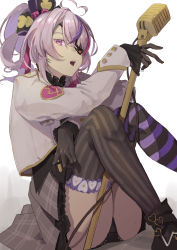 Rule 34 | 1girl, absurdres, ahoge, badge, black collar, black footwear, black gloves, black panties, black thighhighs, buttons, coat, collar, eyepatch, frilled jacket, frilled shirt collar, frills, gloves, hair ornament, hand up, heart, heart ahoge, heart hair ornament, highres, holding, holding microphone, jacket, lace, lace panties, lestrn, long sleeves, maria marionette, microphone, multicolored clothes, multicolored hair, multicolored legwear, nijisanji, nijisanji en, one eye covered, open mouth, panties, pink eyes, pink hair, plaid, plaid jacket, purple hair, purple thighhighs, see-through, see-through legwear, sitting, solo, streaked hair, striped clothes, striped thighhighs, teeth, thighhighs, underwear, upper teeth only, virtual youtuber, white background, white coat