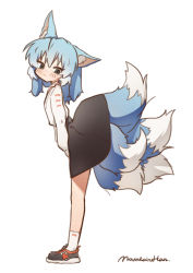 Rule 34 | 1girl, ah zhong (mountain han), animal ear fluff, animal ears, black footwear, black skirt, blue hair, chinese text, closed mouth, clothes lift, fox ears, fox tail, from side, high-waist skirt, highres, lifted by tail, long hair, long sleeves, looking at viewer, looking to the side, mountain han, original, shirt, shoes, signature, simple background, skirt, skirt lift, socks, solo, tail, tail raised, translation request, white background, white shirt, white socks