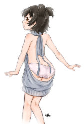Rule 34 | 10s, 1girl, :o, absurdres, akagi miria, aran sweater, ass, backless dress, backless outfit, bare back, black hair, brown eyes, cable knit, dress, from behind, grey sweater, halterneck, highres, idolmaster, idolmaster cinderella girls, kneepits, looking at viewer, looking back, meme attire, naked sweater, oversized clothes, panties, short hair, simple background, solo, sweater, sweater dress, takuji yuusaku, turtleneck, turtleneck sweater, two side up, underwear, virgin killer sweater, white background, white panties