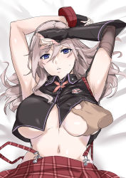 Rule 34 | 1girl, absurdres, alisa ilinichina amiella, armpits, arms up, bed sheet, black gloves, blue eyes, grabbing another&#039;s breast, breasts, breasts apart, disembodied hand, fingerless gloves, gloves, god eater, god eater 2: rage burst, god eater burst, grabbing, highres, large breasts, long hair, looking at viewer, lying, mogi yasunobu, navel, no bra, on back, silver hair, skirt, suspender skirt, suspenders, underboob