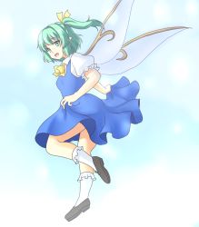 Rule 34 | 1girl, :d, ascot, blouse, bobby socks, clothes lift, collared shirt, daiyousei, dress, fairy wings, flying, green eyes, green hair, hair intakes, isaki (gomi), legs, matching hair/eyes, open mouth, pointy ears, puffy short sleeves, puffy sleeves, shirt, short sleeves, side ponytail, skirt, skirt lift, smile, socks, solo, touhou, wings