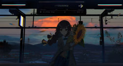 Rule 34 | 1girl, absurdres, blue bow, blue bowtie, blue skirt, bouquet, bow, bowtie, braid, brown eyes, brown hair, brown jacket, chromatic aberration, cloud, cloudy sky, collared shirt, commentary request, cowboy shot, flower, geki dan, highres, holding, holding bouquet, jacket, leaf, long hair, long sleeves, looking to the side, mountain, mountainous horizon, original, parted lips, petals, plant, scenery, shirt, sideways glance, sign, skirt, sky, solo, sunflower, sunset, train station, white shirt, wide shot