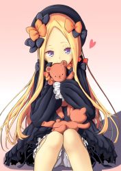 Rule 34 | 1girl, abigail williams (fate), asagi nanami, black bow, black dress, black hat, blonde hair, bloomers, blue eyes, bow, bug, butterfly, closed mouth, dress, fate/grand order, fate (series), forehead, gradient background, hair bow, hat, head tilt, heart, highres, hugging object, insect, long hair, long sleeves, looking at viewer, orange bow, parted bangs, pink background, polka dot, polka dot bow, sleeves past fingers, sleeves past wrists, smile, solo, stuffed animal, stuffed toy, teddy bear, underwear, very long hair, white background, white bloomers