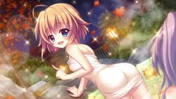 Rule 34 | 2girls, ahoge, ass, autumn leaves, blue eyes, breasts, bucket, dot nose, dutch angle, film grain, from behind, game cg, izumi tsubasu, lens flare, multiple girls, naked towel, night, night sky, non-web source, official art, onsen, open mouth, orange hair, outdoors, pointing, purple hair, re:stage!, rock, rubber duck, shikimiya mana, short hair, shoulder blades, sidelocks, sky, small breasts, smile, solo focus, sparkle, star (sky), steam, towel, tree, tsukisaka sayu, white towel, wooden bucket