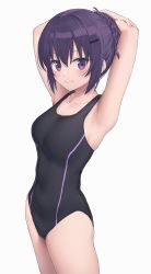 Rule 34 | 1girl, armpits, arms behind head, arms up, black one-piece swimsuit, braid, breasts, collarbone, commentary, competition swimsuit, cowboy shot, french braid, gochuumon wa usagi desu ka?, hair between eyes, hair ornament, hair up, hairclip, highres, looking at viewer, medium breasts, mikazuchi zeus, one-piece swimsuit, purple eyes, simple background, smile, solo, swimsuit, tedeza rize, white background