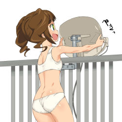 Rule 34 | 1girl, a1 (initial-g), ass, bra, brown hair, butt crack, flat ass, green eyes, idolmaster, idolmaster (classic), lingerie, open mouth, panties, satellite dish, short hair, smile, solo, takatsuki yayoi, twintails, underwear, underwear only, white panties