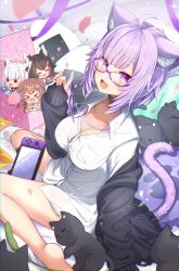 Rule 34 | &gt; &lt;, 4girls, absurdres, ahoge, animal ear fluff, animal ears, barefoot, black collar, black jacket, blush, bouquet, breasts, cat, cat ears, cat girl, cat tail, chibi, cleavage, collar, dog ears, dog girl, fang, flower, fox ears, fox girl, glasses, highres, holding, holding bouquet, hololive, hololive gamers, inugami korone, inugami korone (1st costume), jacket, large breasts, looking at viewer, medium hair, multiple girls, naked shirt, neck ribbon, nekomata okayu, nekomata okayu (oversized shirt), nintendo switch, official alternate costume, ookami mio, ookami mio (1st costume), open mouth, pina710, purple-framed eyewear, purple eyes, purple hair, purple ribbon, ribbon, shirakami fubuki, shirakami fubuki (1st costume), shirt, skin fang, smile, tail, virtual youtuber, wolf ears, wolf girl