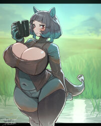 Rule 34 | 1girl, absurdres, anchors (mono eye os), animal ears, binoculars, breasts, cleavage, cleavage cutout, clothing cutout, covered navel, gloves, green hair, grey hair, highres, hippopotamus ears, hippopotamus gorgops (kemono friends), kemono friends, large breasts, leather, leather suit, looking at viewer, multicolored hair, outdoors, plump, red eyes, short hair, solo, tail, thick thighs, thighs, two-tone hair, zipper