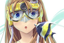 1girl blue_eyes brown_hair diving_mask female_focus fish goggles kaeru314 kaeru_(kaerism) long_hair open_mouth original solo