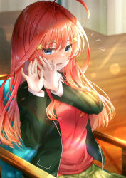 Rule 34 | 1girl, absurdres, ahoge, aki kakao, black jacket, blazer, blue eyes, blush, chair, go-toubun no hanayome, green skirt, hair ornament, hands up, highres, indoors, jacket, long hair, long sleeves, nakano itsuki, on chair, open clothes, open jacket, open mouth, pleated skirt, red hair, red sweater vest, school uniform, sitting, skirt, solo, star (symbol), star hair ornament, sweatdrop, sweater vest