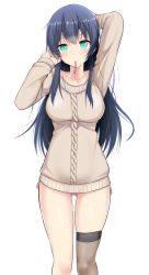 Rule 34 | 10s, 1girl, agano (kancolle), alternate costume, aqua eyes, asymmetrical legwear, black hair, brown sweater, collarbone, gluteal fold, hair between eyes, kantai collection, long hair, long sleeves, mouth hold, no pants, simple background, smile, solo, sweater, takeyuu, uneven legwear, white background