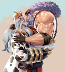 Rule 34 | 2boys, animal print, arm around neck, arm hair, avalo pizarro, bara, bare shoulders, beard, biceps, carrying, coat, commentary request, cow print, crown, curly hair, denim, eye contact, eye mask, face-to-face, facial hair, gauntlets, gem, gloves, grey hair, grin, hand on another&#039;s shoulder, highres, horns, jeans, jesus burgess, jewelry, long hair, long sleeves, looking at another, male focus, mask, multiple boys, muscular, muscular male, mustache, necklace, one piece, pants, pearl (gemstone), pearl necklace, pectorals, print coat, purple hair, shirt, shoes, sleeveless, sleeveless shirt, smile, youkan (tako)