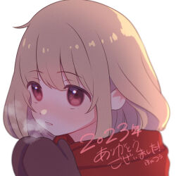 Rule 34 | 1girl, ayamozoko, blonde hair, blush, breath, brown mittens, commentary request, futaba anzu, highres, idolmaster, idolmaster cinderella girls, looking ahead, mittens, portrait, red scarf, scarf, simple background, solo, translation request, white background