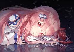 Rule 34 | 1girl, blush, bow, braid, girls&#039; frontline, gloves, hair between eyes, hair bow, hair ornament, hair ribbon, hairclip, hexagram, long hair, looking at viewer, lying, negev (girls&#039; frontline), on stomach, open mouth, pink hair, red bow, red eyes, ribbon, simple background, solo, star of david, white gloves, yasuna (nanjiang)