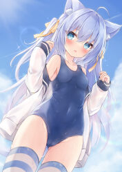 Rule 34 | 1girl, absurdres, animal ear fluff, animal ears, blue eyes, blue hair, blue one-piece swimsuit, blue thighhighs, blush, breasts, cameltoe, cat ears, cat girl, cat tail, collarbone, commentary request, covered navel, cowboy shot, dutch angle, gluteal fold, groin, hair between eyes, hair ribbon, highres, jacket, long hair, long sleeves, looking at viewer, mochizuki riku, one-piece swimsuit, original, parted lips, petite, ribbon, school swimsuit, sleeves past wrists, small breasts, solo, striped clothes, striped thighhighs, swimsuit, tail, thighhighs, two side up, white jacket, yellow ribbon