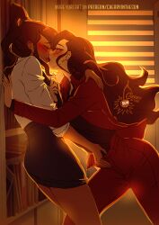 2girls artist_logo asami_sato avatar_legends black_shirt black_skirt blush brown_hair cherry_in_the_sun closed_eyes clothes_grab collared_shirt commentary contemporary dark-skinned_female dark_skin dusk english_commentary french_kiss hand_on_another&#039;s_shoulder indoors kiss korra logo long_hair looking_at_another multiple_girls necktie necktie_grab neckwear_grab office_lady open_pants pants pencil_skirt ponytail red_shirt shirt skirt the_legend_of_korra white_shirt yuri