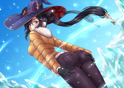 Rule 34 | 1girl, adsouto, ass, ass grab, ass support, black gloves, black hair, black pants, blush, breasts, cameltoe, coat, deep skin, down jacket, from behind, from below, fur-trimmed jacket, fur trim, genshin impact, gloves, grabbing own ass, green eyes, hair ornament, hair ribbon, hat, highres, jacket, long hair, looking at viewer, looking down, medium breasts, mona (genshin impact), outdoors, pants, ribbon, shiny clothes, sideboob, smile, snow, solo, tight clothes, tight pants, twintails, very long hair, winter, winter clothes