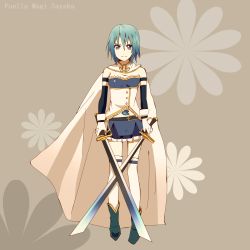 Rule 34 | 10s, 1girl, bad id, bad pixiv id, blue eyes, blue hair, cape, dual wielding, gloves, highres, holding, is2k331, magical girl, mahou shoujo madoka magica, mahou shoujo madoka magica (anime), matching hair/eyes, miki sayaka, short hair, solo, standing, sword, thighhighs, weapon, white thighhighs