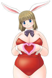Rule 34 | 1girl, animal ears, bare shoulders, blue eyes, breasts, cleavage, fake animal ears, heart, katou (katohayabusa), large breasts, light brown hair, looking at viewer, playboy bunny, plump, rabbit ears, smile, solo, standing