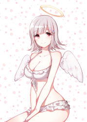 Rule 34 | 1girl, angel, angel wings, arms between legs, bare arms, bare shoulders, bikini, breasts, cleavage, collarbone, commentary request, danganronpa (series), danganronpa 2: goodbye despair, dasulchan, feathered wings, flipped hair, hair ornament, hairclip, halo, large breasts, light brown hair, looking at viewer, mole, mole on breast, nanami chiaki, official alternate costume, pink eyes, short hair, simple background, sitting, smile, solo, swimsuit, white bikini, white wings, wings