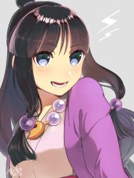 Rule 34 | 1girl, ace attorney, bad id, bad pixiv id, grey background, half updo, highres, jewelry, maya fey, necklace, simple background, solo, tagme