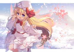 Rule 34 | 1girl, :d, baku-p, blonde hair, blue eyes, blue sky, blush, bow, bowtie, breasts, cloud, commentary request, dress, fairy wings, flying, full body, hair between eyes, hat, hat bow, highres, lily white, long sleeves, looking at viewer, open mouth, petals, red bow, red bowtie, short hair, sky, small breasts, smile, snowflakes, socks, solo, touhou, waist bow, white background, white dress, white hat, white socks, wide sleeves, wings