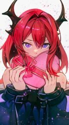 Rule 34 | 1girl, absurdres, arknights, bare shoulders, blush, box, character request, hair between eyes, hair intakes, heart-shaped box, highres, horns, looking at viewer, medium hair, nondo39, open mouth, purple eyes, red hair, surtr (arknights)