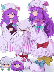 Rule 34 | 2girls, absurdres, aqua ribbon, blush, book, bow, braid, capelet, commentary, crescent, crescent hat ornament, dress, expressionless, frilled capelet, frilled dress, frilled robe, frilled sleeves, frills, full body, green bow, grey hair, hair bow, hat, hat ornament, highres, holding, holding book, izayoi sakuya, long hair, long sleeves, looking at viewer, maid headdress, mob cap, mugi (mugimugi 9kv), multiple girls, patchouli knowledge, pink capelet, pink footwear, pink headwear, pink ribbon, pink robe, purple bow, purple hair, red bow, red eyes, ribbon, robe, sidelocks, simple background, smile, striped clothes, striped dress, touhou, twin braids, vertical-striped clothes, vertical-striped dress, white background, wide sleeves, yellow ribbon