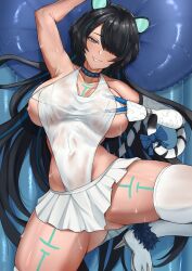 Rule 34 | 1girl, absurdres, animal ears, arm up, armpits, ass, bikini, black choker, black hair, blue bow, blue eyes, blue hair, blush, body markings, bow, breasts, choker, commission, covered navel, erina makina, grin, hair over one eye, hand on own chest, highres, inflatable raft, large breasts, long hair, looking at viewer, lying, mchiefy, mechanical arms, micro bikini, microskirt, multicolored hair, on back, one-piece swimsuit, one-piece thong, phase connect, pillow, pleated skirt, revealing clothes, see-through, sideless outfit, single mechanical arm, skirt, smile, solo, spread legs, streaked hair, sweat, swimsuit, tail, tail bow, tail ornament, tan, thighhighs, thighs, tiger ears, tiger girl, tiger tail, very long hair, virtual youtuber, white bikini, white one-piece swimsuit, white skirt, white thighhighs