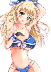 Rule 34 | 10s, 1girl, absurdres, adapted costume, arm up, armpits, atago (kancolle), bad id, bad pixiv id, bikini, black gloves, blonde hair, blue bikini, breasts, cleavage, collarbone, gloves, green eyes, hand on own chest, hat, highres, kantai collection, large breasts, long hair, navel, solo, swimsuit, underboob, velia, very long hair