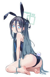 Rule 34 | 1girl, absurdres, alternate costume, animal ears, aris (blue archive), ass, bare arms, bare legs, bare shoulders, barefoot, black hair, black leotard, blue archive, blue eyes, blush, breasts, detached collar, fake animal ears, fake tail, feet, from behind, hair between eyes, hairband, halo, highres, legs, leotard, long hair, looking at viewer, looking back, painterliuhao, playboy bunny, simple background, sitting, small breasts, soles, solo, strapless, strapless leotard, tail, toe scrunch, toenails, toes, very long hair, white background, yokozuwari