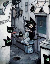 Rule 34 | 1girl, alley, animal ears, black cat, black hair, black hoodie, blue footwear, blunt bangs, blunt ends, bob cut, bright pupils, cable, cat, cat ears, cat girl, cat tail, commentary request, creature, door, dot nose, extra eyes, fang, fish bone, garouma, green eyes, grey pants, highres, hood, hood down, hoodie, long sleeves, looking at viewer, manhole cover, open mouth, original, outdoors, pants, pants rolled up, shoes, short hair, signature, sitting, sneakers, solo, tail, translation request, trash bag, trash can, white pupils