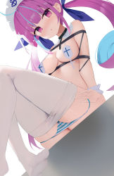 Rule 34 | 1girl, absurdres, ahoge, blue hair, blue ribbon, blunt bangs, blush, breast curtains, breasts, clothes pull, colored inner hair, from below, hair ribbon, highres, hololive, long hair, looking at viewer, maid headdress, medium breasts, minato aqua, multicolored hair, no shoes, panties, panty pull, pantyhose, pantyhose pull, pulling own clothes, purple eyes, purple hair, ribbon, simple background, solo, striped clothes, striped panties, twintails, underwear, very long hair, virtual youtuber, white background, white pantyhose, wrist cuffs, zhiyou ruozhe
