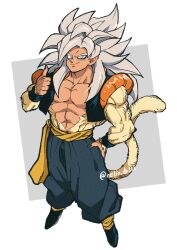 Rule 34 | 1boy, absurdres, biceps, black wristband, blue eyes, body fur, dragon ball, dragon ball gt, gogeta, highres, looking at viewer, male focus, metamoran vest, monkey boy, monkey tail, muscular, muscular male, no nipples, official alternate color, official alternate hair color, pants, pectorals, relio db318, sash, simple background, smile, solo, spiked hair, super saiyan, super saiyan 4, tail, veins, veiny hands