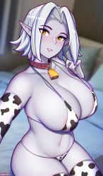 Rule 34 | 1girl, animal print, areola slip, bikini, blurry, blurry background, blush, breasts, collar, collarbone, cow print, cowbell, elf, gloves, highres, ikkimay, large breasts, looking at viewer, mouth hold, nail polish, paladins, pink nails, pointy ears, saati (paladins), short hair, swimsuit, teeth hold, thighhighs, thighs, white hair, yellow eyes