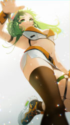 Rule 34 | 1girl, :3, arm belt, belt, black thighhighs, blurry, blurry foreground, breasts, commentary, crop top, depth of field, from below, goggles, goggles on head, gotou (nekocat), green eyes, green hair, gumi, highres, leg up, light particles, looking at viewer, medium hair, microskirt, midriff, navel, shoes, single thighhigh, skindentation, skirt, smile, sneakers, solo, stomach, thigh strap, thighhighs, underboob, vocaloid, white skirt, wrist cuffs