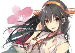 Rule 34 | 1girl, bare shoulders, black hair, blush, breasts, brown eyes, detached sleeves, hair between eyes, hair ornament, hairband, hairclip, hand in own hair, hand up, hario 4, haruna (kancolle), headgear, highres, japanese clothes, kantai collection, large breasts, long hair, looking at viewer, nontraditional miko, open mouth, sidelocks, skirt, smile, solo, upper body, wide sleeves