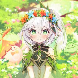 1girl absurdres aranara_(genshin_impact) bare_shoulders blue_flower blush closed_mouth commentary_request day detached_sleeves dress flower flower_wreath genshin_impact gold_trim gradient_hair green_eyes green_hair green_sleeves hair_between_eyes hair_ornament head_wreath heykenp_12 highres leaf_hair_ornament long_hair looking_at_viewer multicolored_hair nahida_(genshin_impact) outdoors pointy_ears red_flower side_ponytail sleeveless sleeveless_dress smile solo star-shaped_pupils star_(symbol) symbol-shaped_pupils variant_set white_dress white_hair