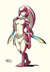Rule 34 | 1girl, belt, bracelet, breasts, chichibu (watson), colored skin, expressionless, fins, fish girl, full body, hand up, highres, jewelry, looking at viewer, medium breasts, mipha, monster girl, multicolored skin, navel, necklace, nintendo, no eyebrows, red skin, shadow, simple background, solo, standing, the legend of zelda, the legend of zelda: breath of the wild, white background, yellow eyes, zora