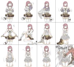 Rule 34 | 10s, 1boy, 1girl, :d, :o, alternate hairstyle, atelier (series), atelier escha &amp; logy, bare arms, bare legs, bare shoulders, barefoot, belt, black skirt, blush, bracelet, braid, breasts, capelet, capelet removed, choker, cleavage, closed eyes, coat, column lineup, comic, corset, covering privates, dress, embarrassed, escha malier, feet, friends, frilled dress, frills, green eyes, hair down, hair ornament, happy, hat, unworn hat, unworn headwear, hetero, jewelry, karasiro, kneeling, knees together feet apart, legs, logix ficsario, long hair, necklace, nervous, off shoulder, open mouth, pink hair, ryoko (game x over), sequential, shoes, short hair, shy, single shoe, sitting, skirt, unworn skirt, smile, standing, strapless, strapless dress, surprised, tail, thighhighs, unworn thighhighs, translation request, twintails, underwear, undressing, white background, white dress, white hair, white thighhighs