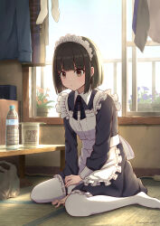 Rule 34 | 1girl, absurdres, apron, balcony, between legs, black dress, black hair, blunt bangs, bob cut, bottle, closed mouth, collared dress, commentary request, day, dress, hanagamigendai, hand between legs, highres, indoors, instant ramen, maid, maid apron, maid headdress, nissin cup noodle, original, pantyhose, plant, potted plant, short hair, sitting, solo, table, tatami, twitter username, wariza, water bottle, white pantyhose, window