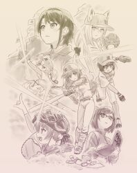 Rule 34 | 6+girls, a-chan (hololive), akai haato, alternate costume, ankimo (tokino sora), arm up, backwards hat, baseball, baseball base, baseball bat, baseball cap, baseball glove, baseball helmet, baseball uniform, belt, braid, catcher&#039;s mask, catching, collage, commentary request, computer, diffraction spikes, ears through headwear, fewer digits, flag, glasses, gloves, hat, helmet, highres, holding, holding baseball bat, holding laptop, hololive, index finger raised, jacket, japanese flag, laptop, layered sleeves, long hair, long sleeves, magari (c0rn3r), mask, mask on head, monochrome, multiple girls, pants, pitching, ponytail, roboco-san, sakura miko, scouter, sepia, serious, shirakami fubuki, shirt, shirt tucked in, short hair, short over long sleeves, short sleeves, side braid, sportswear, standing, standing on one leg, stuffed animal, stuffed toy, swinging, teddy bear, throwing, tokino sora, track jacket, v-shaped eyebrows, virtual youtuber