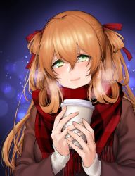 Rule 34 | 1girl, alternate costume, brown hair, coat, coffee, cup, disposable cup, girls&#039; frontline, green eyes, hair ribbon, hair rings, holding, holding cup, long hair, long sleeves, looking at viewer, springfield (girls&#039; frontline), plaid, plaid scarf, red ribbon, ribbon, scarf, shoukaki (earthean), smile, solo, twintails, upper body