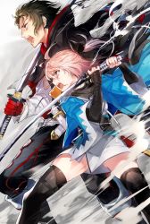 Rule 34 | 1boy, 1girl, ahoge, aura, belt, black eyes, black hair, black scarf, black thighhighs, blonde hair, blood, blood from mouth, blood on face, boots, bow, brown eyes, brown hair, cape, commentary request, fate/grand order, fate (series), fighting stance, gloves, gluteal fold, gun, hair bow, highres, hijikata toshizou (fate), holding, holding sword, holding weapon, holster, japanese clothes, katana, kimono, koha-ace, leg armor, looking to the side, mika pikazo, obi, okita souji (fate), okita souji (koha-ace), open mouth, pink hair, ponytail, profile, red gloves, sash, scarf, sheath, shinsengumi, short hair, short kimono, shouting, side slit, sword, thigh boots, thighhighs, thighs, weapon, wind, wind lift, yellow eyes, zettai ryouiki