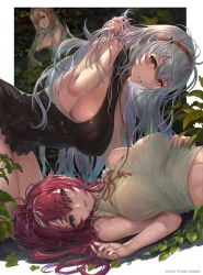 Rule 34 | 3girls, all fours, alushe anatolia, arnas (yoru no nai kuni), bare shoulders, black dress, blonde hair, blue eyes, breasts, character request, cleavage, commentary request, dress, frilled shirt, frills, green shirt, hairband, hand in own hair, large breasts, leaf, long hair, looking at viewer, lying, lyuritis (yoru no nai kuni), multiple girls, necktie, on back, orange neckwear, orange ribbon, outdoors, parted lips, plant, ponytail, red hair, red hairband, ribbon, shirt, sideboob, silver hair, sleeveless, sleeveless dress, sleeveless shirt, very long hair, wet, wet clothes, wet dress, wet shirt, yellow eyes, yoru no nai kuni, yoru no nai kuni 2, yoshiku (oden-usagi)