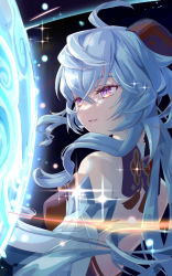 Rule 34 | 1girl, ahoge, bare shoulders, blue hair, bow, detached sleeves, from side, ganyu (genshin impact), genshin impact, highres, horns, long hair, looking at another, looking to the side, low ponytail, orb, osanpo1234, parted lips, purple eyes, sidelocks, smile, solo, upper body, white sleeves