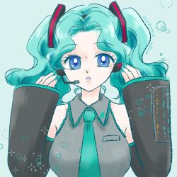 Rule 34 | 1girl, alternate breast size, alternate hairstyle, aqua hair, aqua nails, aqua necktie, bishoujo senshi sailor moon, blue eyes, breasts, color connection, commentary request, cosplay, dated, detached sleeves, hair color connection, hatsune miku, hatsune miku (cosplay), headset, hemuhemu moca, highres, kaiou michiru, large breasts, necktie, signature, sleeves past wrists, solo, sparkle, twintails, upper body, vocaloid, wavy hair, wide sleeves