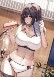 Rule 34 | 2girls, :o, absurdres, black hair, black socks, blurry, blurry background, bottle, breasts, collarbone, commentary request, curvy, gym, hair between eyes, hair ornament, hairclip, highres, holding, holding bottle, indoors, large breasts, liya, long hair, looking at viewer, multiple girls, navel, open mouth, original, ponytail, purple eyes, socks, solo focus, sports bra, sports panties, sportswear, standing, stomach, sweat, thigh strap, towel, variant set, volleyball, water bottle, white footwear, white sports bra, wide hips, window