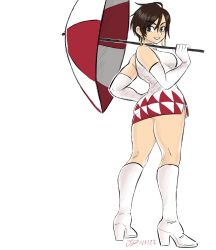 Rule 34 | 1girl, ass, bare shoulders, black hair, boots, breasts, dress, earrings, from behind, gloves, high heels, highres, jewelry, large breasts, looking back, nagase reiko, namco, parasol, ridge racer, short dress, short hair, solo, umbrella, videajames